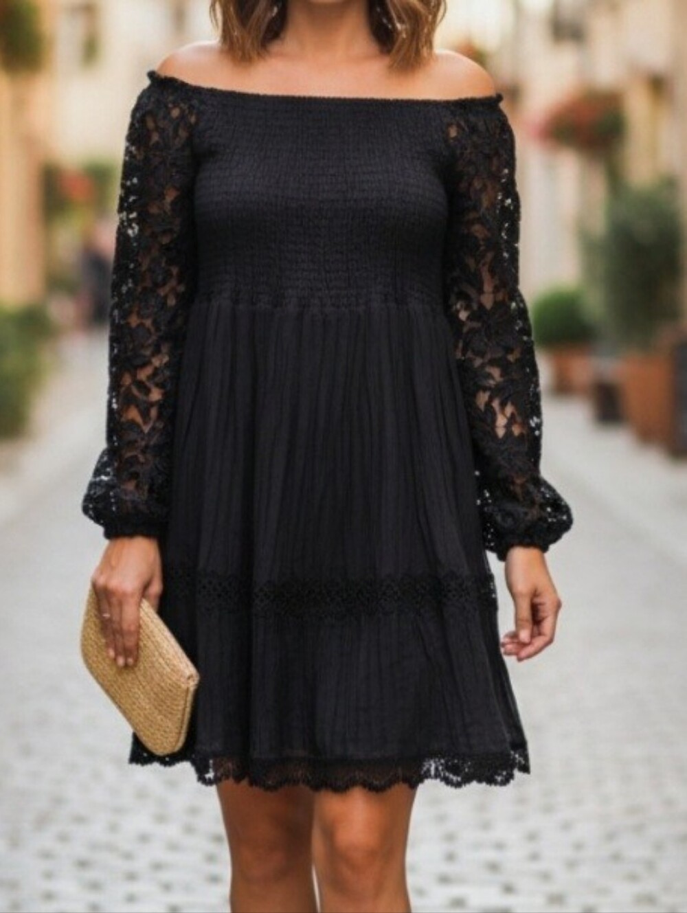 Guess Black Long-Sleeve Lace Detail Dress